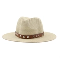Women's beige straw sun hat with brown leather rivet band for outdoor beach wear - Beige