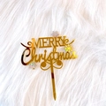 Golden acrylic Merry Christmas cake topper with iridescent snowflake details on white fur - Small Snowflake Merry Christmas