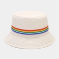 Detail of off-white bucket hat showing rainbow striped ribbon and twill fabric texture - M (56-58cm) / Beige