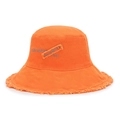 Orange canvas bucket hat with frayed edges and custom embroidered letters for summer wear - Adjustable / Orange Red