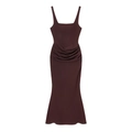 Slim fit dark brown backless maxi dress with side ruching and spaghetti straps - XS / Coffee