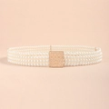 Close-up of a multi-strand pearl belt featuring a gold square buckle with shimmering rhinestones - 19299 Gold Square Buckle