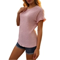 Pink crew neck t-shirt with textured hollow fabric and ruffled short sleeves - S / Pink