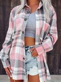 Womens pink plaid button down shirt with long sleeves and casual loose fit design - S / Tops / Pink