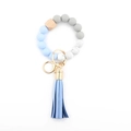 Light blue silicone bead keychain bracelet with beech wood bead and matching tassel charm - 7 Grayish Blue