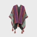Bohemian knit shawl with colorful wave patterns and fringe tassels for travel wear - Purple