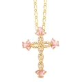Cross pendant necklace with pink teardrop stones and gold Figaro chain for women - Pink