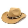 Detail of camel wool felt western cowboy hat with leather band and vintage bull head emblem - M (56-58cm) / Camel