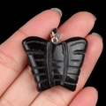 Handheld 30x35mm natural black obsidian butterfly pendant with silver bail connector - Obsidian