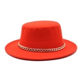 Detail of red wool flat top fedora featuring a bold gold chain band embellishment - M (56-58cm) / Red