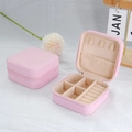 Pink square portable jewelry travel case with zipper closure and textured PU leather - Basic Style / Pink