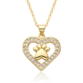 Detailed close-up of golden heart pendant with cat paw cutout and pavé cubic zirconia - Hollow Cat Claw Heart Style (c550)