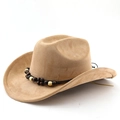 Detail of camel suede cowboy hat featuring tribal beaded band and wide brim design - M(56-58cm) / Dark Camel