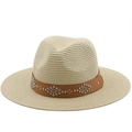 Classic beige straw sun hat with brown leather band and silver rivet accents for beach - M (56-58cm) / Beige