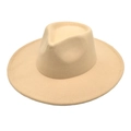 Detail of light beige wool felt fedora showing wide brim and classic teardrop top crown - M (56-58cm) / Beige