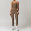 Ensemble de yoga deux pièces marron moka pour femme avec legging et caraco - S / Haut Et Bas / Débardeur + Pantalon Long / Brun Mocha