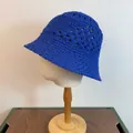 Detailed knit texture and hollow-out mesh design on royal blue woven bucket hat - M / Sapphire Blue