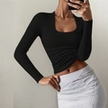 Women's black long sleeve knit crop top with a square neckline in a slim fit style - S / Black