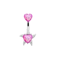 Detailed view of silver belly ring featuring pink heart stones and a starfish base - Pink Opal Starfish