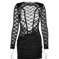 Sexy black lace patchwork long sleeve bodycon dress with hollow back and PU leather detail - S / Black