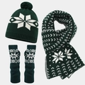 Detail of dark green winter knit set featuring white snowflake patterns and soft textures - Half Finger Gloves Style / Dark Green