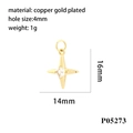 Macro detail of 16x14mm gold-plated copper cross pendant with cubic zirconia and size specs - P05273 (Gold Cross Star)
