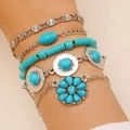 Vintage bohemian turquoise bracelet set for women featuring retro silver cuffs and beads - Antique Silver - Turquoise Flower