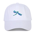 White cotton baseball cap with colorful dragonfly embroidery and curved brim - White