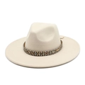 Detail of cream fedora hat featuring a bohemian woven band with ethnic V-shaped patterns - M (56-58cm) / Beige