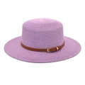 Detail of lavender flat top wide brim straw hat with brown leather band and gold buckle - M (56-58cm) / Taro Purple