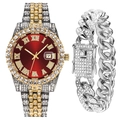 Men's hip hop watch and cuban link bracelet set with crystals and red dial - Red Watch + Silver Bracelet