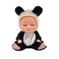 Sleeping 5-inch baby doll in soft black and white plush panda outfit on white background - B1 Panda