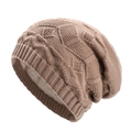 Winter chunky knit beanie with diamond pattern and warm faux fleece lining in beige - Khaki