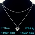 Double-layered stainless steel heart necklace in silver finish on a black mannequin - Double Layer Fine Chain-50cm/6.6g / Steel (KN291943-Z)