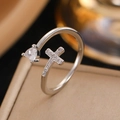 Double cross open ring with heart-cut cubic zirconia in elegant silver finish - Silver Heart Zirconia Cross (1528)