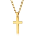 Polished gold cross pendant necklace with Cuban chain on white background with reflection - Gold Cross With Curb Chain