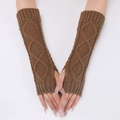 Brown knitted fingerless arm warmers with diamond pattern for winter outdoor style - One Size / Khaki