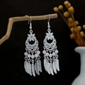 Bohemian silver drop earrings with pink beads and five delicate feather charms - Silver Pink (E1248-3)