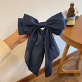 Large navy blue satin bow hair clip with multi-layer vintage design for elegant styling - Ribbon Bow Spring Clip / Navy Blue