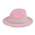 Detail view of pink wool felt hat featuring multiple rows of elegant pearl band decoration - Kids 54-55cm / Pink
