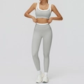 Women's light grey ribbed yoga set with white trim high waist leggings and sports bra - S / Top And Bottom (Bra + Long Pants) / Clay Grey