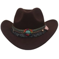 Detail of dark brown wool felt cowboy hat with turquoise beadwork and fringe decoration - M (56-58cm) / Dark Coffee