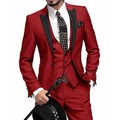 Men's slim fit 3-piece red suit set with black contrast lapels for formal events - XXS / Red