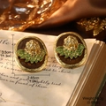 Vintage style angel relief earrings with golden metal frame and brown marble texture - Angel Relief Oval Earrings (E4-19911A-7200)