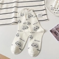 Creamy white cotton socks with black cartoon cat pattern and hello cat text print - One Size / Allover White Cat Heads-Hello Cat