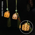 Hollowed sandalwood sachet pendant with green tassels and traditional beast carving - Approx. 3x2.3cm / Green Sandalwood Square Dragon Style - No Aroma Pill