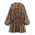 Robe léopard à manches longues avec col en V et jupe à plusieurs couches de volants - XS / Imprimé léopard