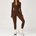 Dunkelbrauner Langarm-Sport-Jumpsuit mit Stehkragen und Reißverschluss vorne - M / Kaffee