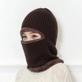 Dark brown knitted balaclava with warm fleece lining and integrated face mask - Brown