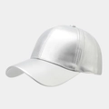 Detail of silver metallic PU leather baseball cap featuring glossy texture and stitching - Adjustable / Silver